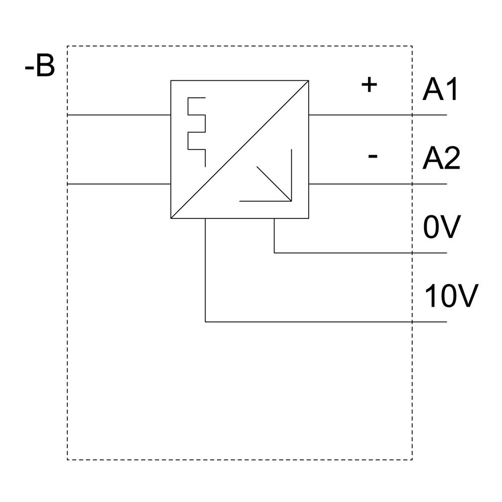 Schemat przedstawia wzmacniacz operacyjny z wejściami A1, A2 i 10V. Oznaczone przewody: -B, +, -, 0V.