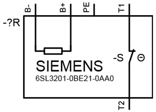 Diagram elektryczny ilustrujący komponent Siemens oznaczony jako '6SL3201-0BE21-0AA0', pokazujący połączenia B+, B-, PE, -S, T1, T2 oraz rezystor.