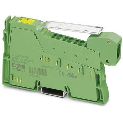 Zielony moduł elektryczny z złączami. Oznaczony napisem 'INTERBUS' oraz szczegółami technicznymi. Stosowany w przemysłowych systemach automatyzacji.