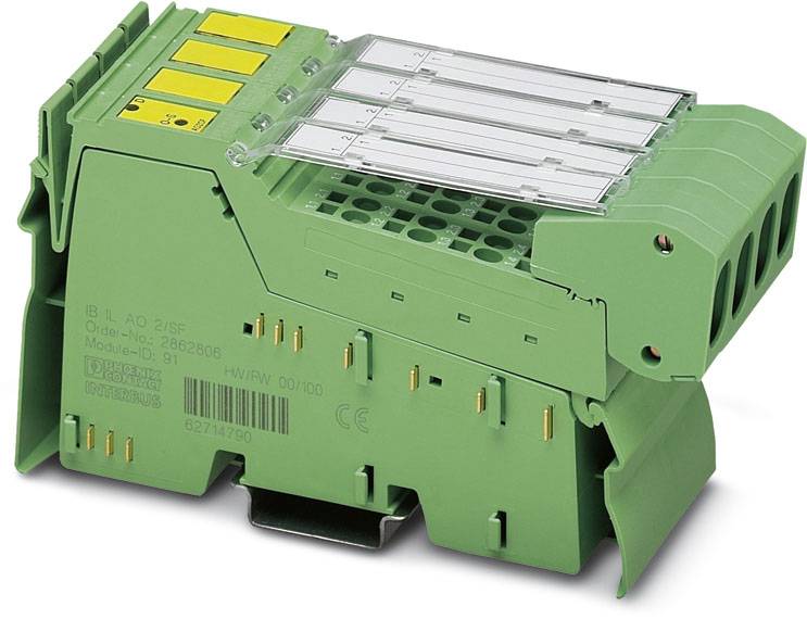 Złącze przemysłowe w kolorze zielonym z żółtymi i przezroczystymi elementami. Służy do łączenia i organizacji przewodów elektrycznych.