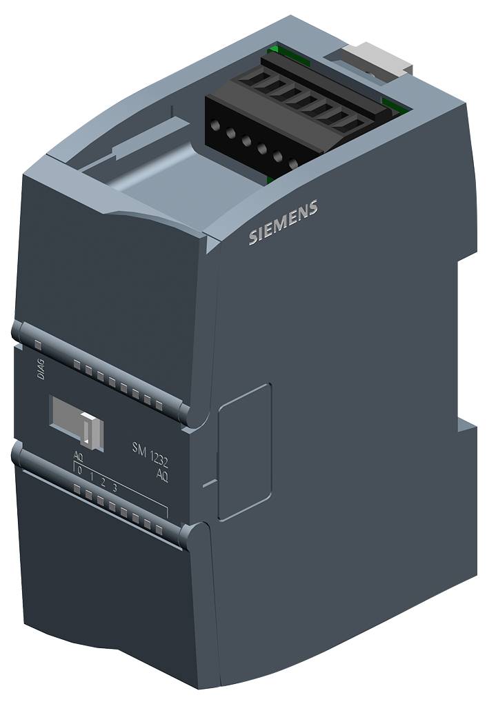 Moduł przemysłowy marki „Siemens" w ciemnym niebieskim kolorze, wyposażony w wewnętrzne szczeliny i punkty połączeniowe, prawdopodobnie używany w systemach automatyki.