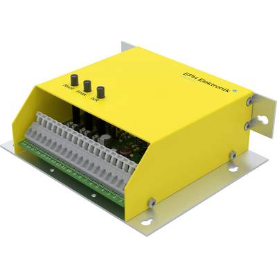 Żółte urządzenie elektroniczne z napisem 'EPH Elektronik', pokazujące złącza i przyciski dla 'Awaryjny', 'Reset', 'Knp', możliwe do zamontowania na ścianie.
