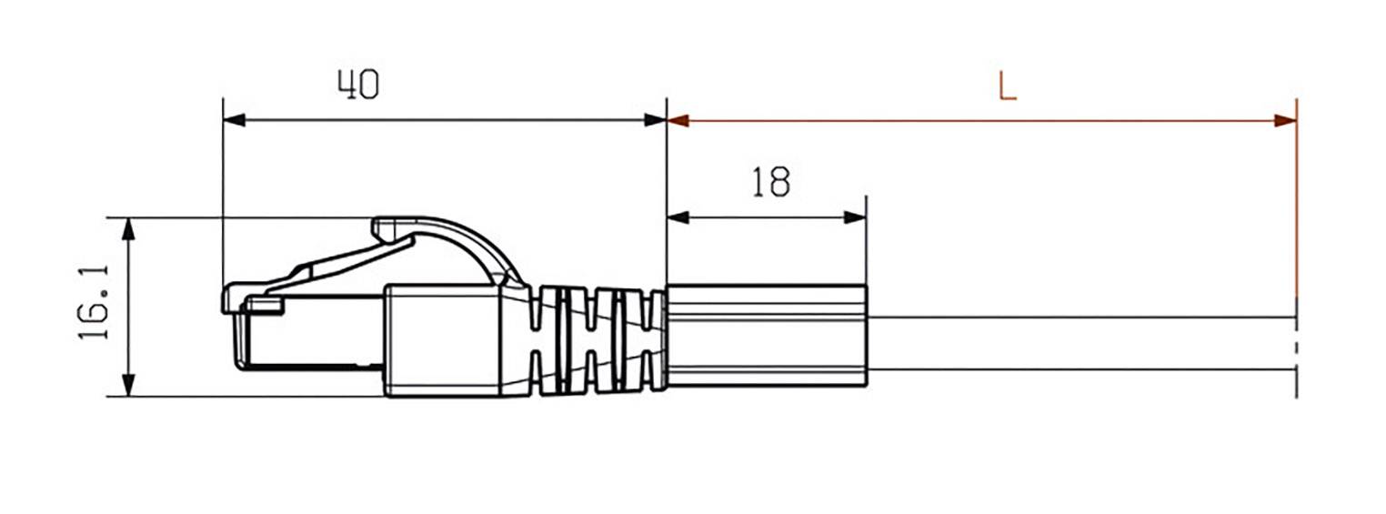 Rysunek techniczny wtyczki z oznaczeniami: długość 40 mm, szerokość 16,1 mm oraz rozstaw 18 mm.