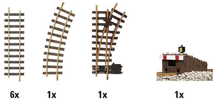 Elementy toru kolejowego i bramka przejazdu, oznaczone: '6x' proste, '1x' zakrzywione, '1x' rozjazd, '1x' bramka.