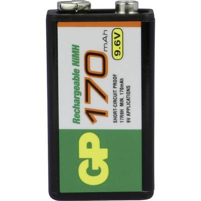 Bateria 9V o pojemności 170 mAh, która może byćładowana i jest odporna na zwarcia. Oznaczona symbolem 'GP', przeznaczona do urządzeń elektronicznych.