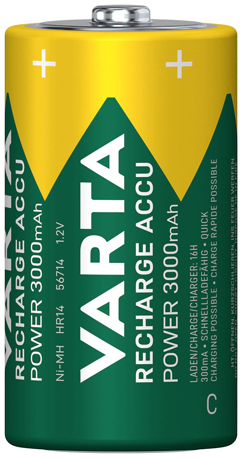 Bateria z napisem 'VARTA RECHARGE ACCU POWER 3000mAh'. Paski w kolorach zielonym i żółtym. Niklowo-metalowo-wodorkowa, 1,2V, do wielokrotnego ładowania.