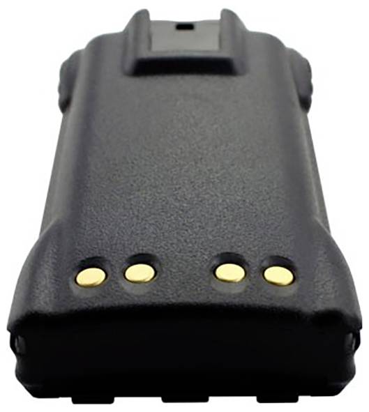 Czarna paczka baterii do radia z trzema złotymi złączami na boku, używana do zasilania urządzeń komunikacyjnych.