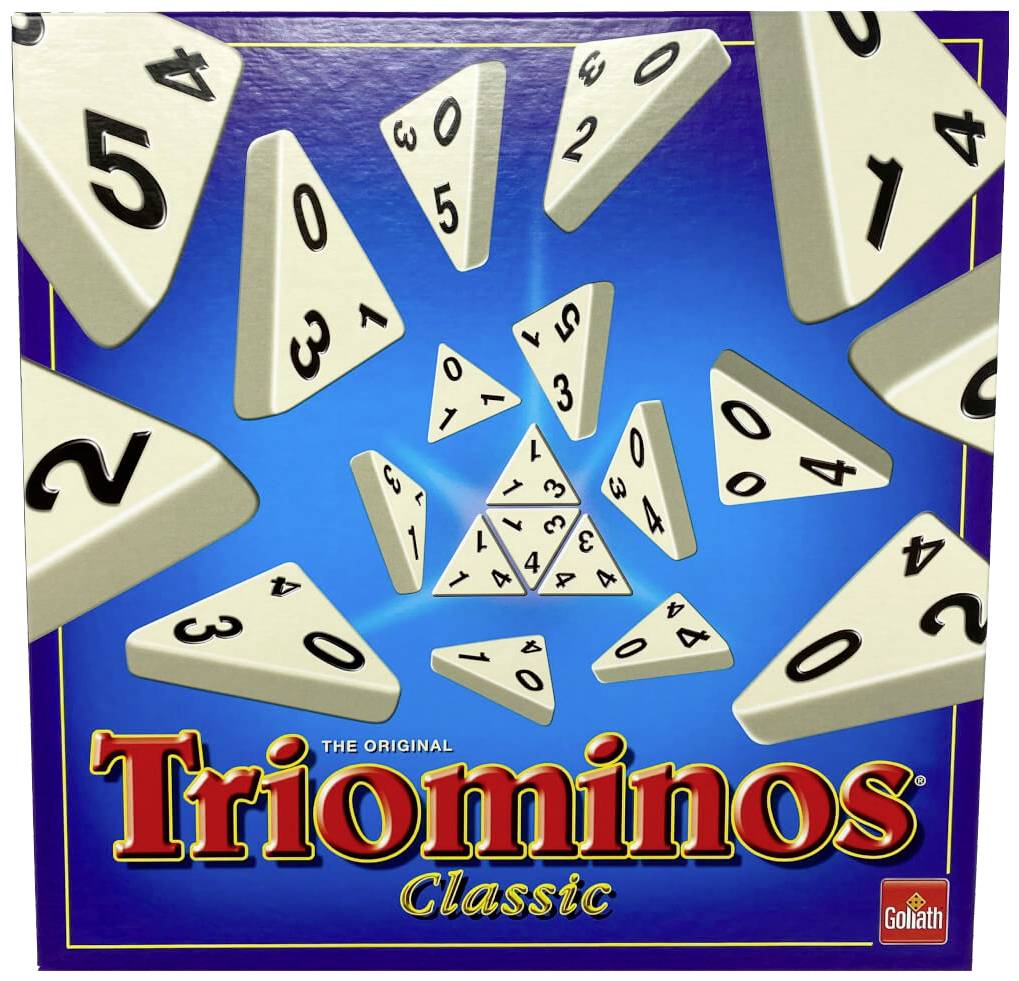 Pudełko gry 'Triominos Classic' przedstawia trójkątne kamienie z naniesionymi na nie cyframi.