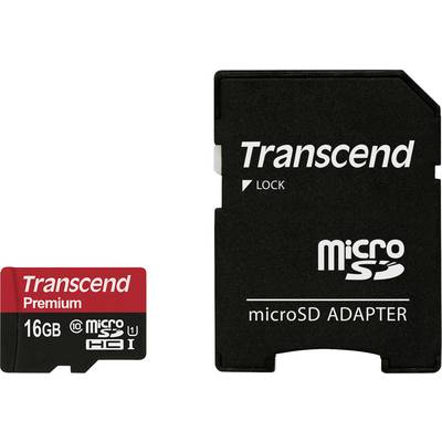 Czerwona karta microSD o pojemności 16 GB marki Transcend leży obok czarnego adaptera microSD.