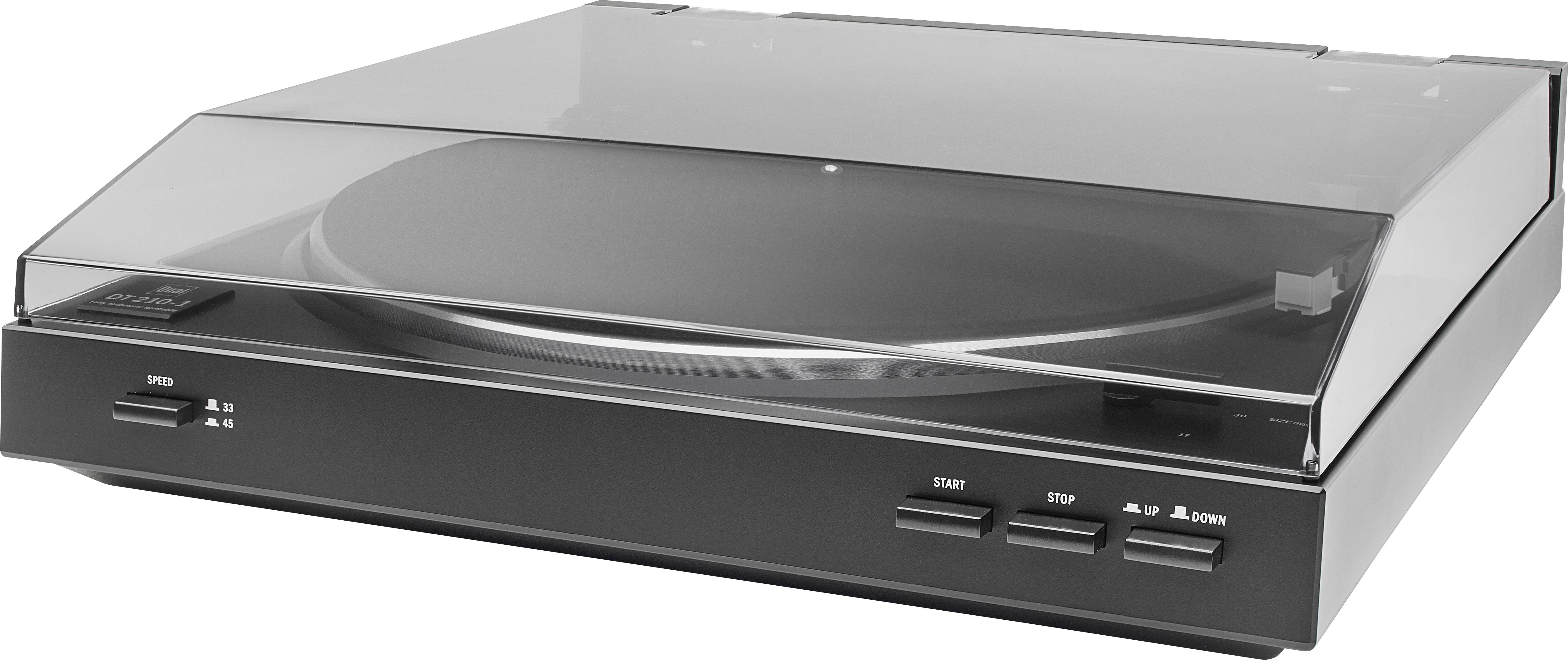 Gramofon z przezroczystą pokrywą i przyciskami sterującymi z przodu: prędkość, start, stop, podnoszenie, opuszczanie.