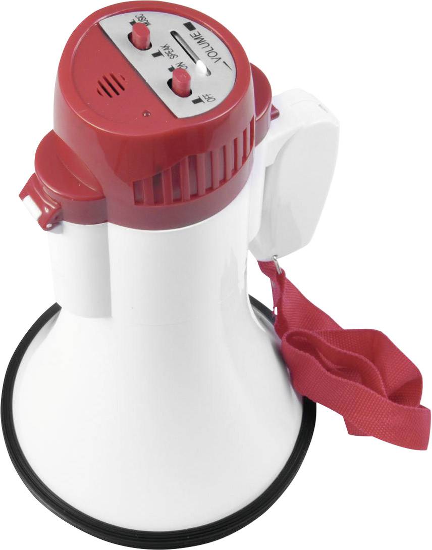 Biały i czerwony megafon z regulatorem głośności i paskiem do noszenia leży na stole.