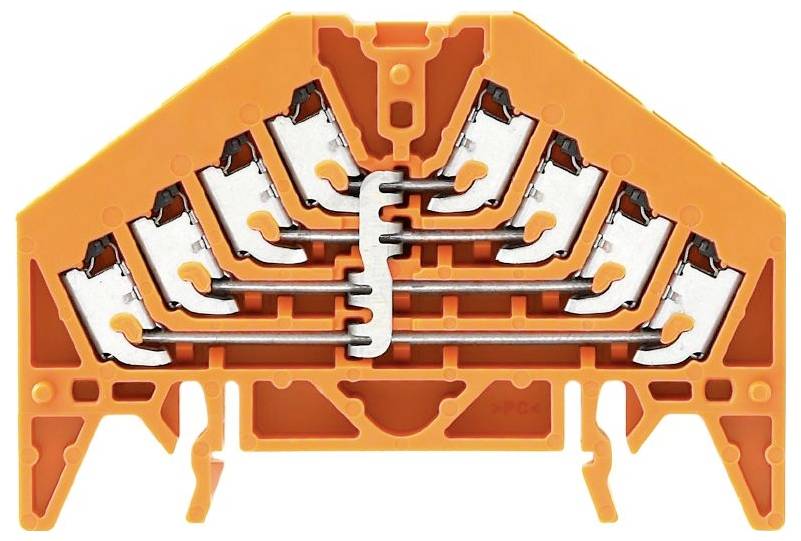 Pomarańczowy plastikowy blok zaciskowy z metalowymi złączami ułożonymi w dwóch równoległych rzędach. Blok jest przeznaczony do podłączeń elektrycznych przewodów.