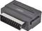 Czarny adapter SCART z napisem 'OUTPUT', używany do analogowych sygnałów audio i wideo.