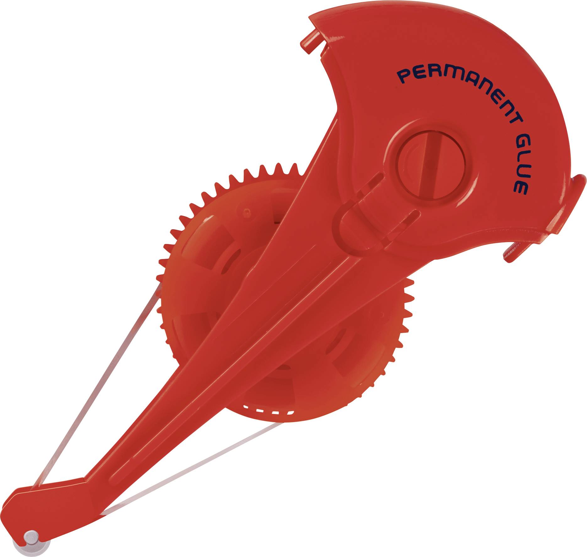 Rolka kleju na stałe z przezroczystą obudową i kółkami zębatymi, oznaczona napisem 'PERMANENT GLUE'.