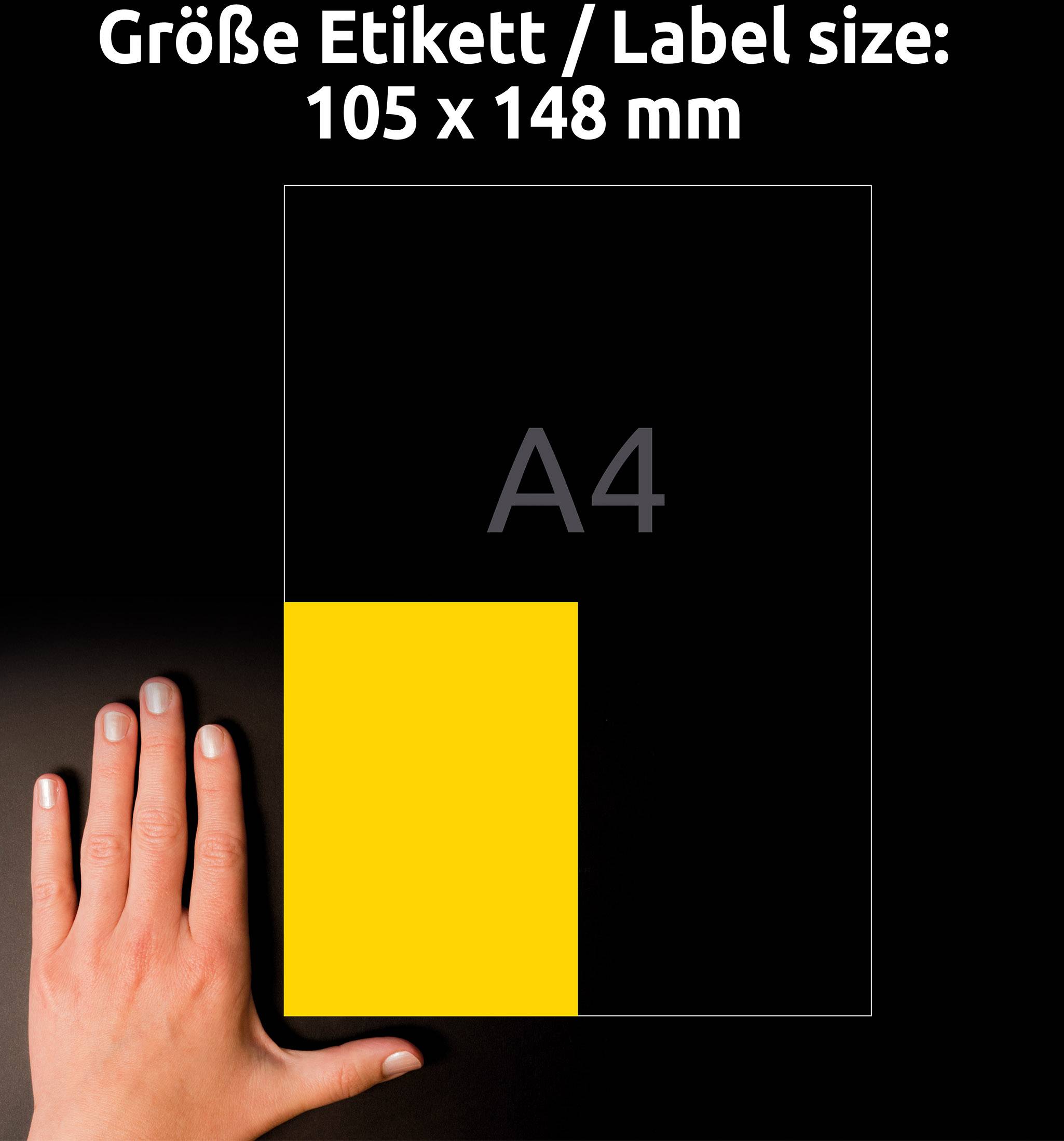 Dłoń wskazuje na żółty prostokąt przedstawiający rozmiar etykiety (105 x 148 mm) w porównaniu z arkuszem formatu A4.