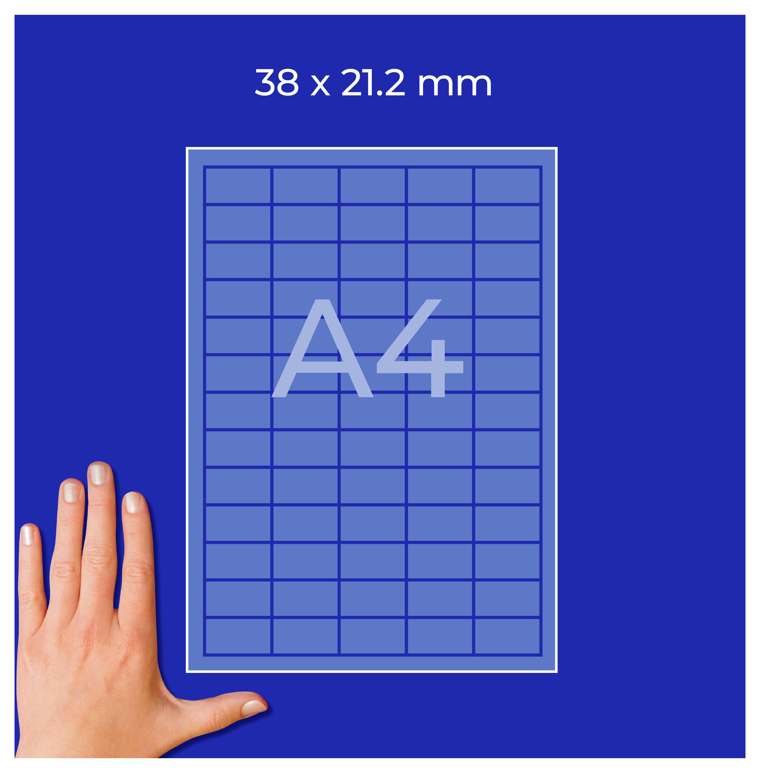 Szablon układu A4: pole siatki o rozmiarze 38 × 21,2 mm na niebieskim tle, u dołu po lewej stronie ręka jako porównanie wielkości.