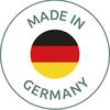 Emblemat z tekstem 'Made in Germany' i niemiecką flagą pośrodku.