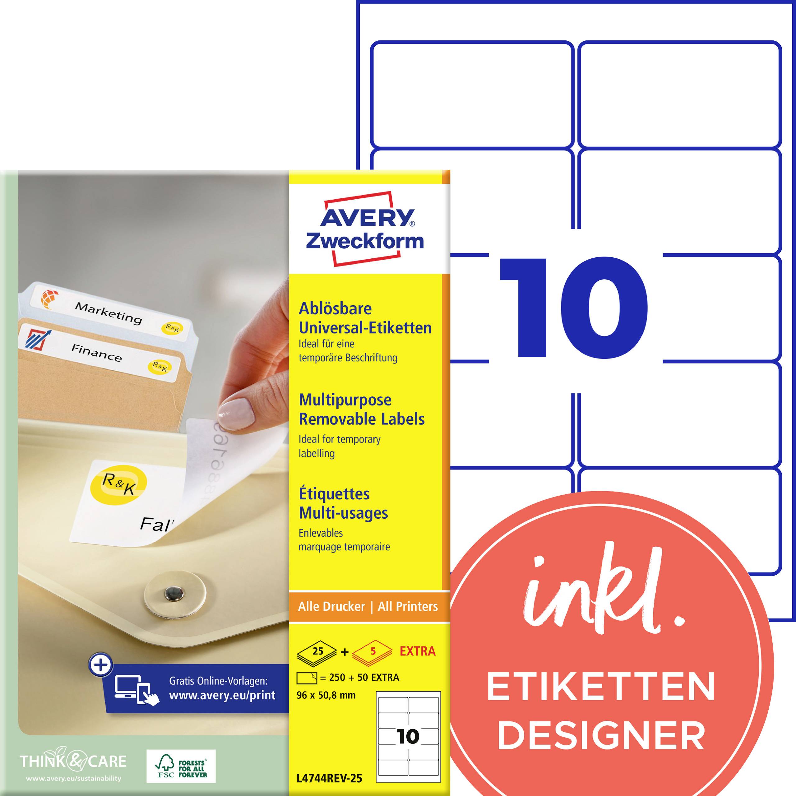 Avery Zweckform zestaw wielofunkcyjnych etykiet zdejmowanych, 10 arkuszy, w tym „ETIKETTEN DESIGNER"; zdjęcie pokazuje etykiety w folderze i rękę odklejającą jedną z nich.