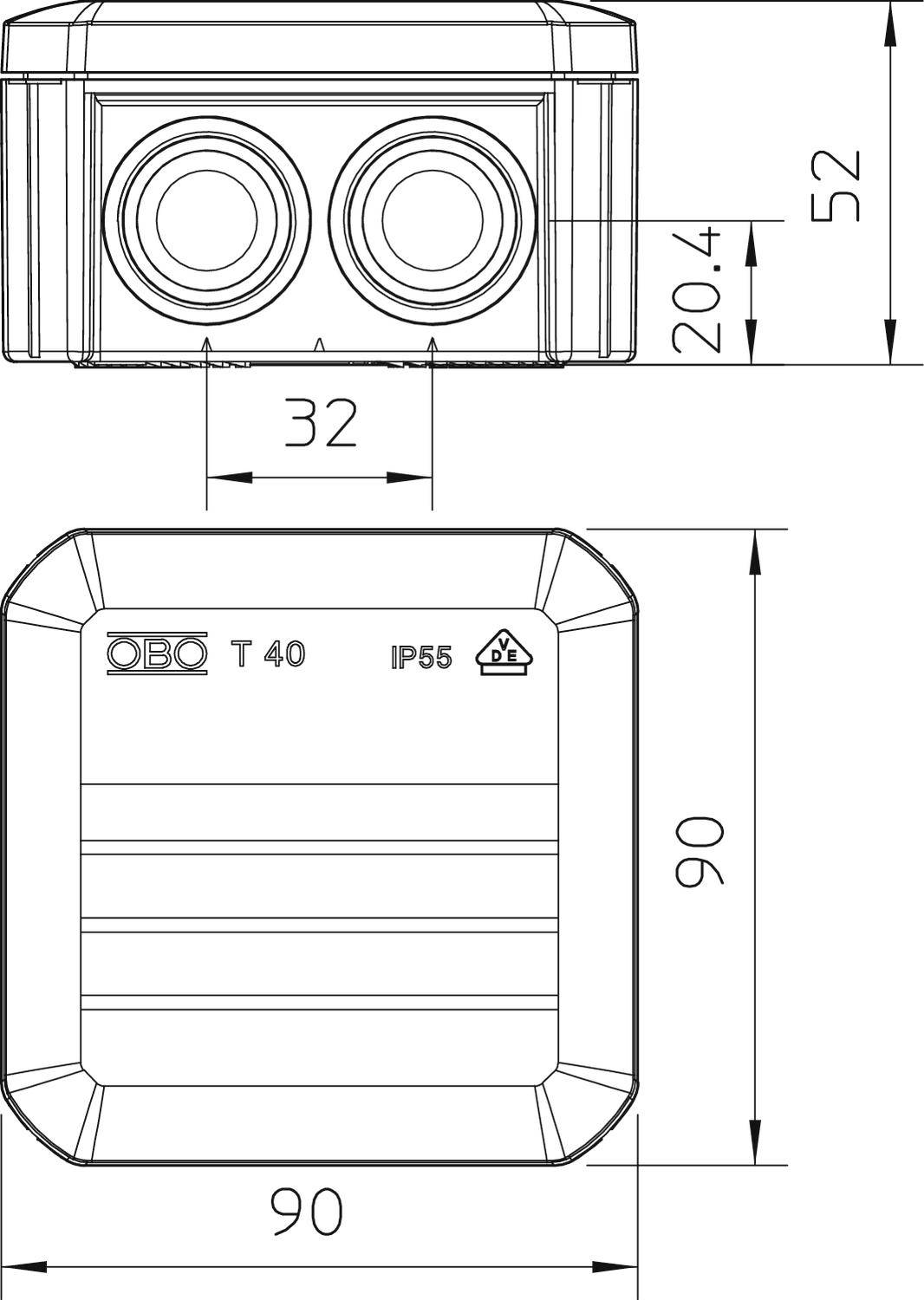 Obudowa przyłączeniowa o wymiarach 90x90x52 mm. Na górze dwa okrągłe otwory, oznaczenie 'OBO T 40 IP55' oraz symbol ochrony.