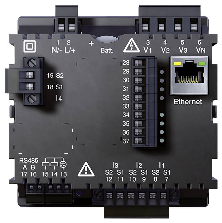 Elektryczny rozdzielnik z gniazdem Ethernet oraz różnymi zaciskami przyłączeniowymi, oznakowany symbolami napięcia i obwodów elektrycznych.