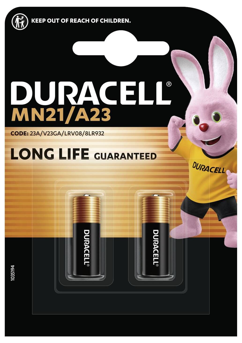 Opakowanie baterii monetowej Duracell CR 2430 z różowym zającem ubranym w koszulkę Duracell. Tekst brzmi: „Baby Secure, Długa żywotność gwarantowana".