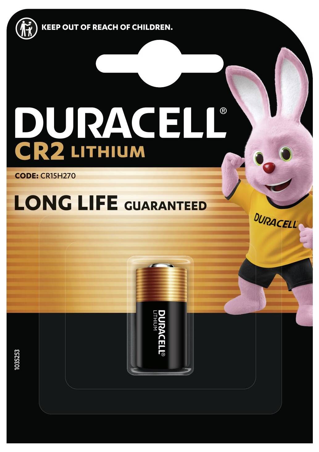 Opakowanie baterii litowej Duracell CR2 z różowym maskotką-królikiem. Tekst głosi: „Długa żywotność gwarantowana".