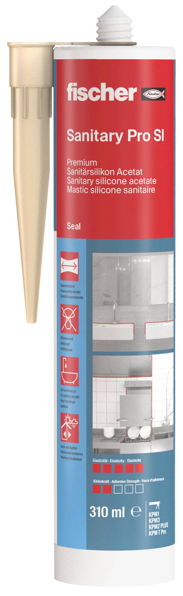 Tuba uszczelniającego sanitarnego fischer Sanitary Pro SI, 310 ml, z dyspenserem i czerwono-niebieską etykietą do sanitarnego uszczelniającego z silikonu.