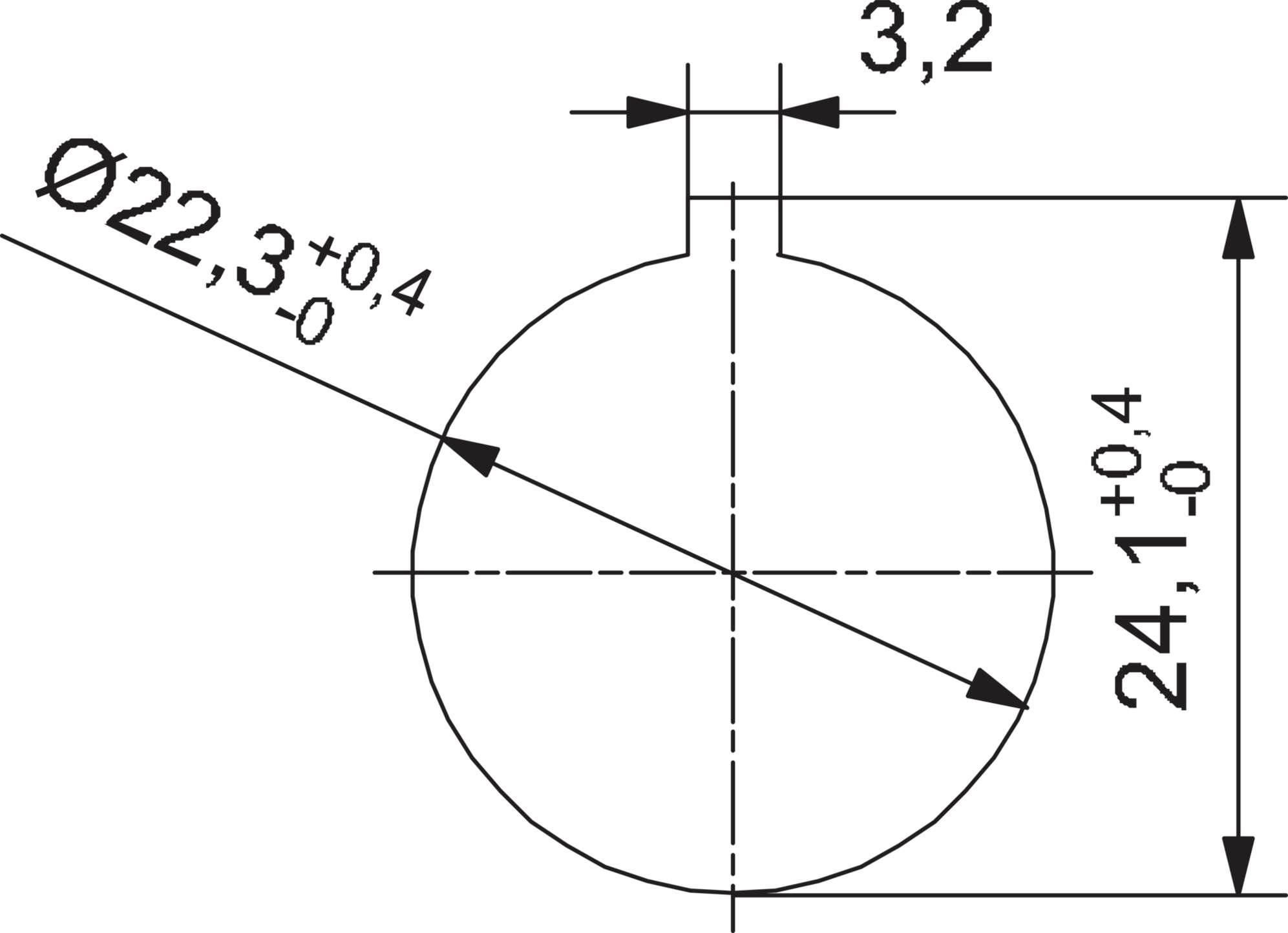 Rysunek techniczny koła o średnicy 22,3 mm ±0,4 z otworem przelotowym u góry o średnicy 3,2 mm. Wysokość: 24,1 mm ±0,4.