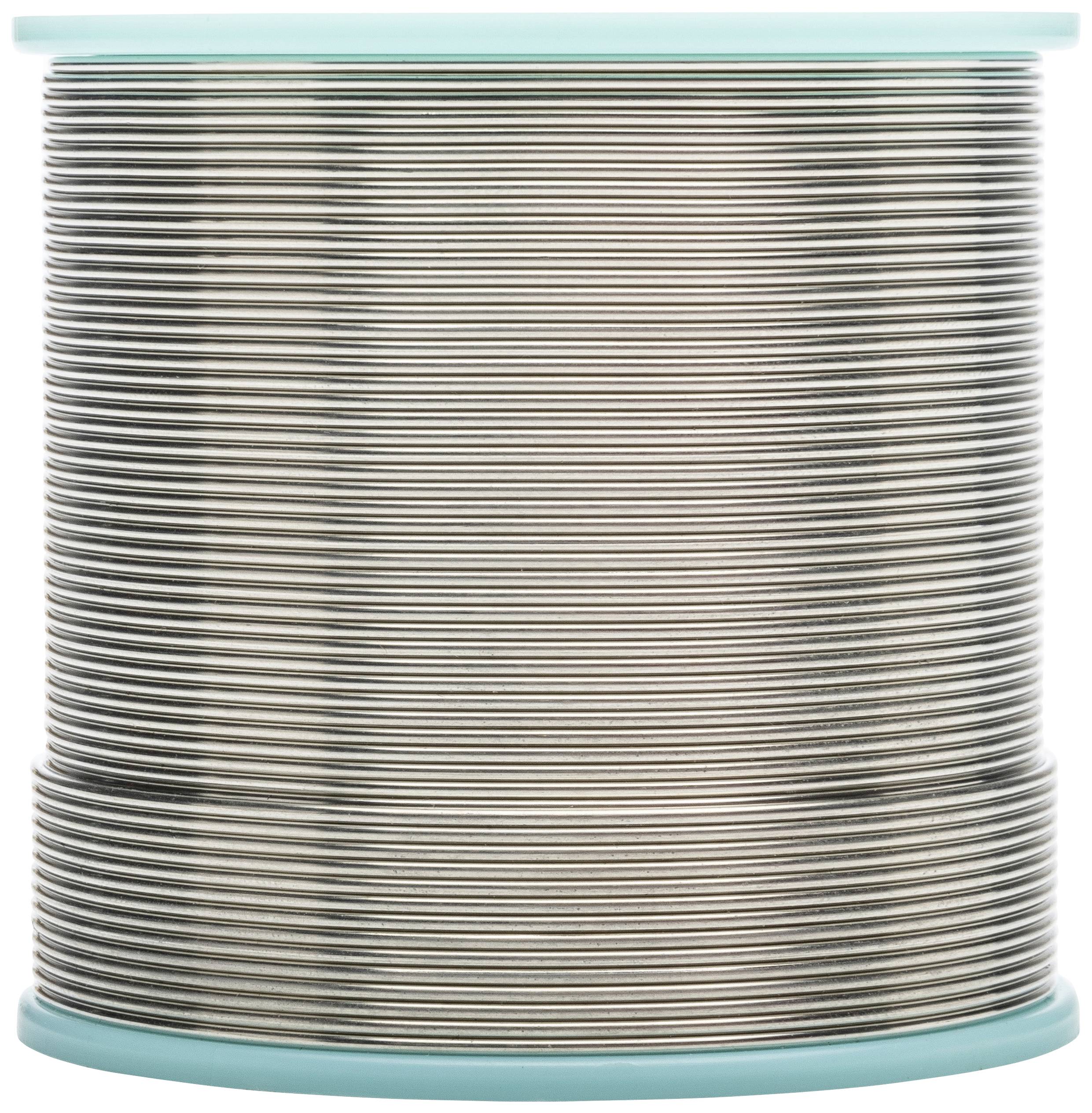 Duża rolka lutowia z drutem w kolorze srebrnym, nawinięta na turkusowej szpuli.