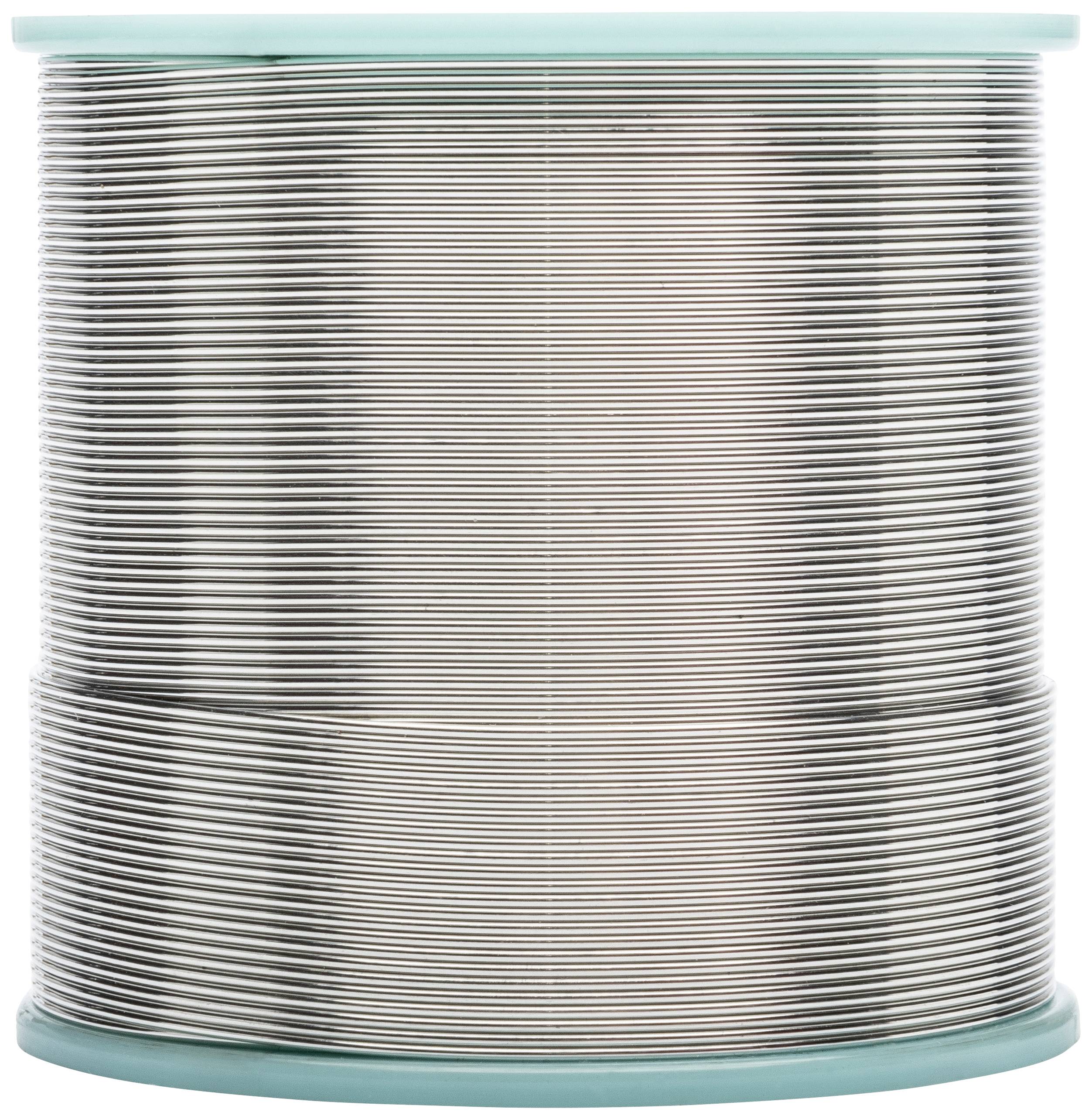 Duża szpula cynowanego drutu lutowniczego z niebieskim plastykowmym brzegiem, stojąca pionowo.