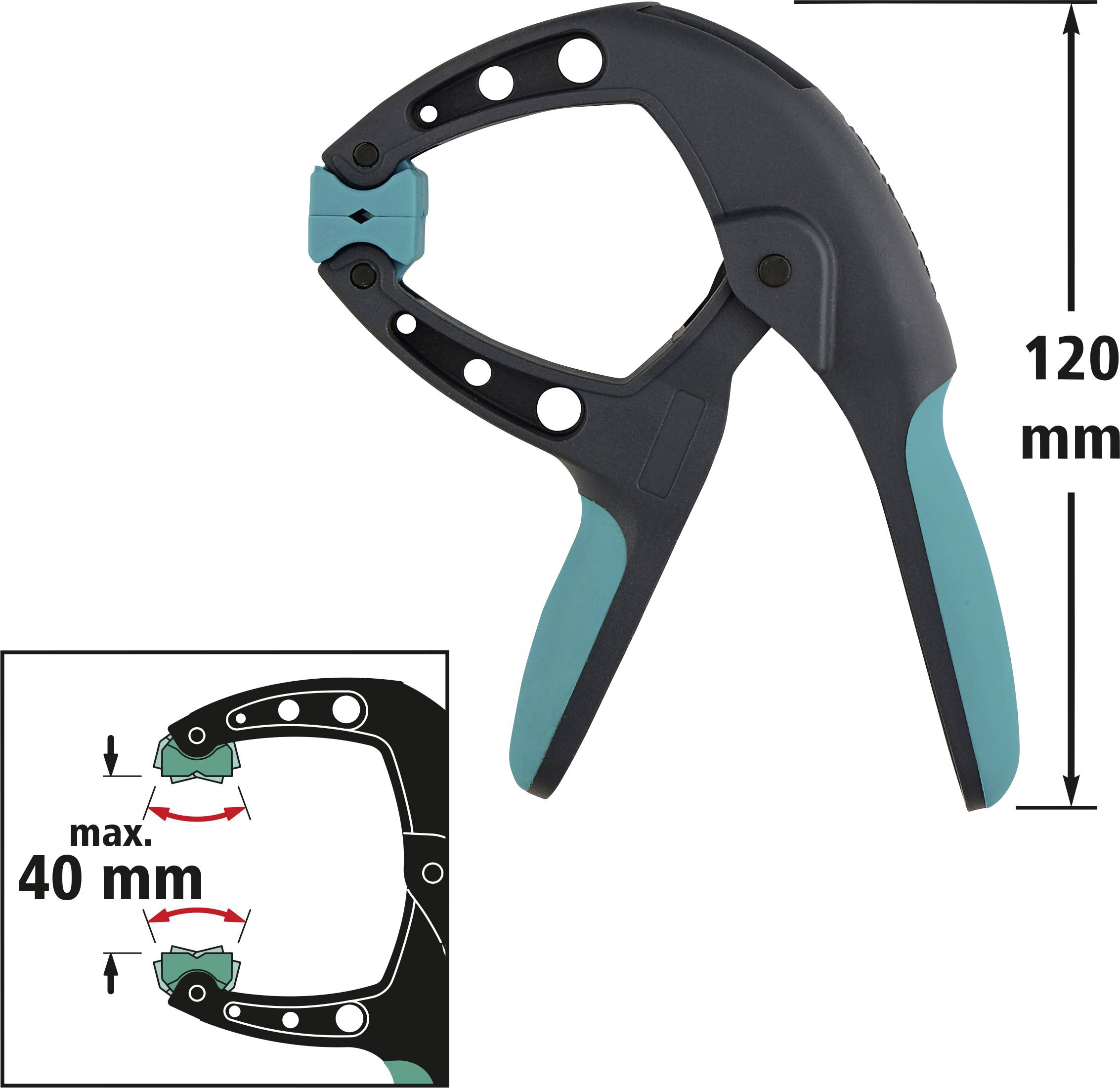 Czarna i turkusowa ściska do piór, maksymalny zakres rozwarcia 40 mm. Całkowita długość ścisku wynosi 120 mm.