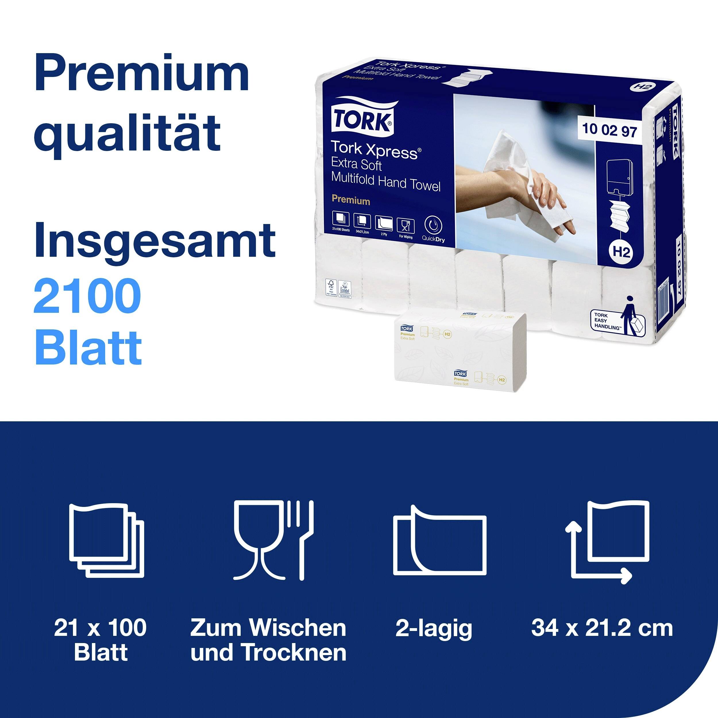 Opakowanie produktu Tork Xpress Ręczniki Extra Soft: Jakość premium, łącznie 2100 arkuszy, 21 x 100 arkuszy, 2-warstwowe.