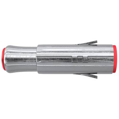 Metalowe cylindryczne złącze rurowe z czerwonymi otworami końcowymi i bocznym uszkami, pokazane na białym tle.