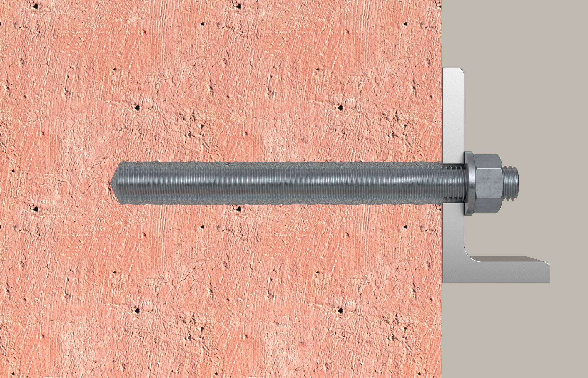 Gwintowany śrubowy kotwiący przechodzący przez różową ścianę betonową do szarego metalowego wspornika z nakrętką i podkładką po prawej stronie.