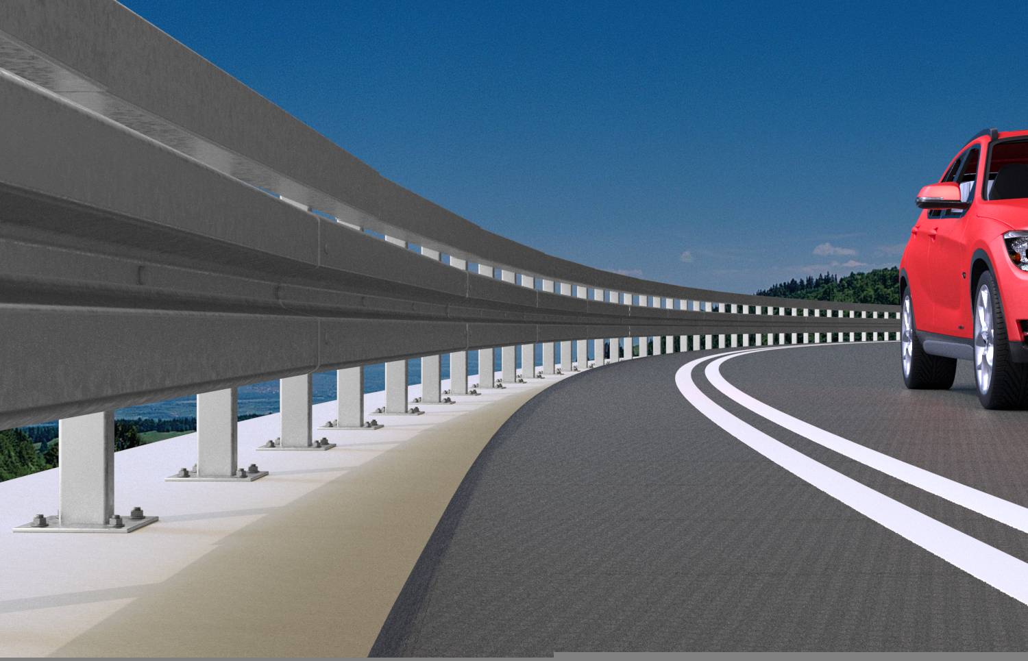 Czerwony samochód jadący na wijącej się autostradzie obok metalowej balustrady drogowej pod czystym, niebieskim niebem.