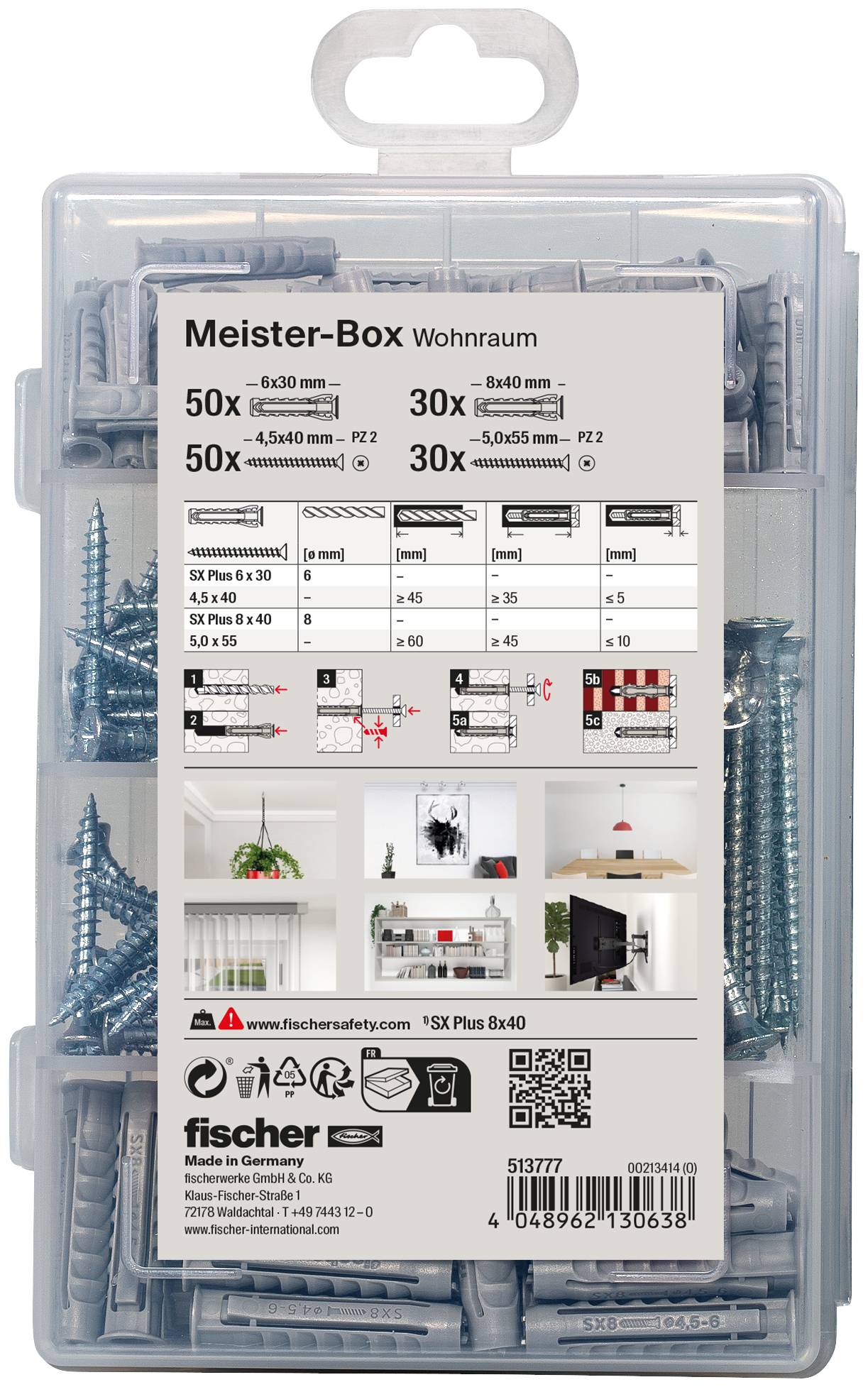 Plastikowe pudełko organizacyjne oznaczone „Meister-Box Wohnraum" z asortymentem złączek ściennych i śrub, plus tabela rozmiarów produktu i ikony montażu na froncie.