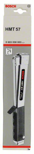 Opakowanie ręcznego zszywacza Bosch HMT 57 w kolorze szarym. Na przedniej stronie widoczne urządzenie oraz numer modelu '0 603 038 003'.