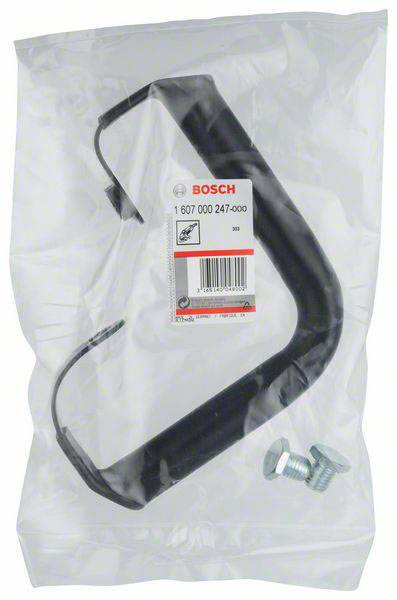 Uchwyt z tworzywa sztucznego firmy Bosch, czarny, w opakowaniu plastikowym z mocowaniem i etykietą. Odpowiedni do urządzeń elektrycznych lub akcesoriów.