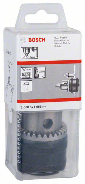 Opakowanie uchwytu wiertarskiego szybkomocującego firmy Bosch, kompatybilnego z markami AEG, Bosch, Black+Decker, Hitachi, Makita i Metabo, o zakresie średnic od 1,5 do 13 mm.
