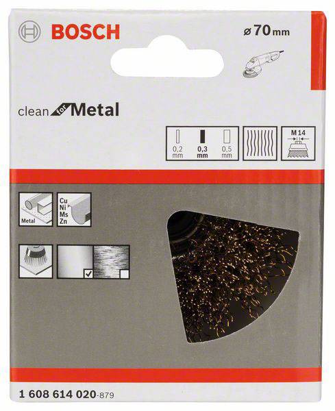 Opakowanie okrągłej szczotki metalowej firmy Bosch, przeznaczonej do obróbki metalu. Średnica: 70 mm. Prezentuje szczotkę oraz symbole zastosowań.