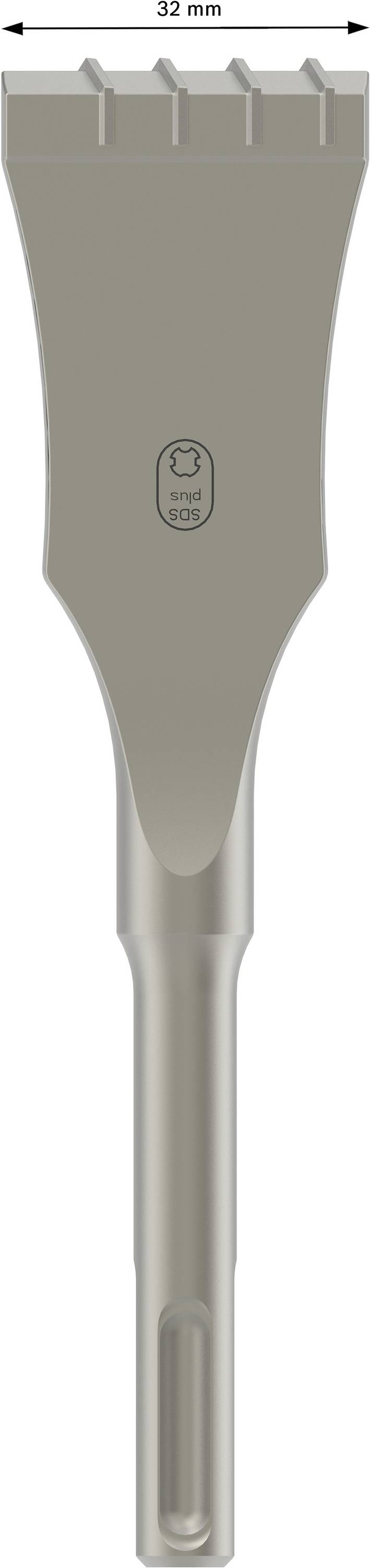 Szary dłuto udarowe SDS z płaską ostrą krawędzią, odpowiednie do wiercenia i dłutowania w betonie. Szerokość 32 mm.