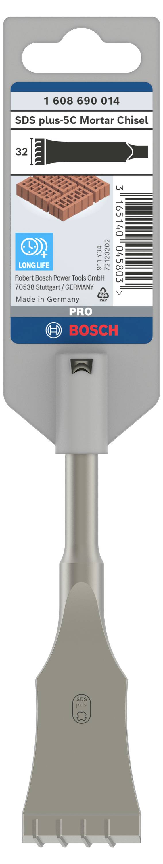 Dłuto z chwytem SDS plus firmy BOSCH, odpowiednie do prac z zaprawą. Numer modelu 1 608 690 014. Opakowanie przedstawia szczegóły produktu.