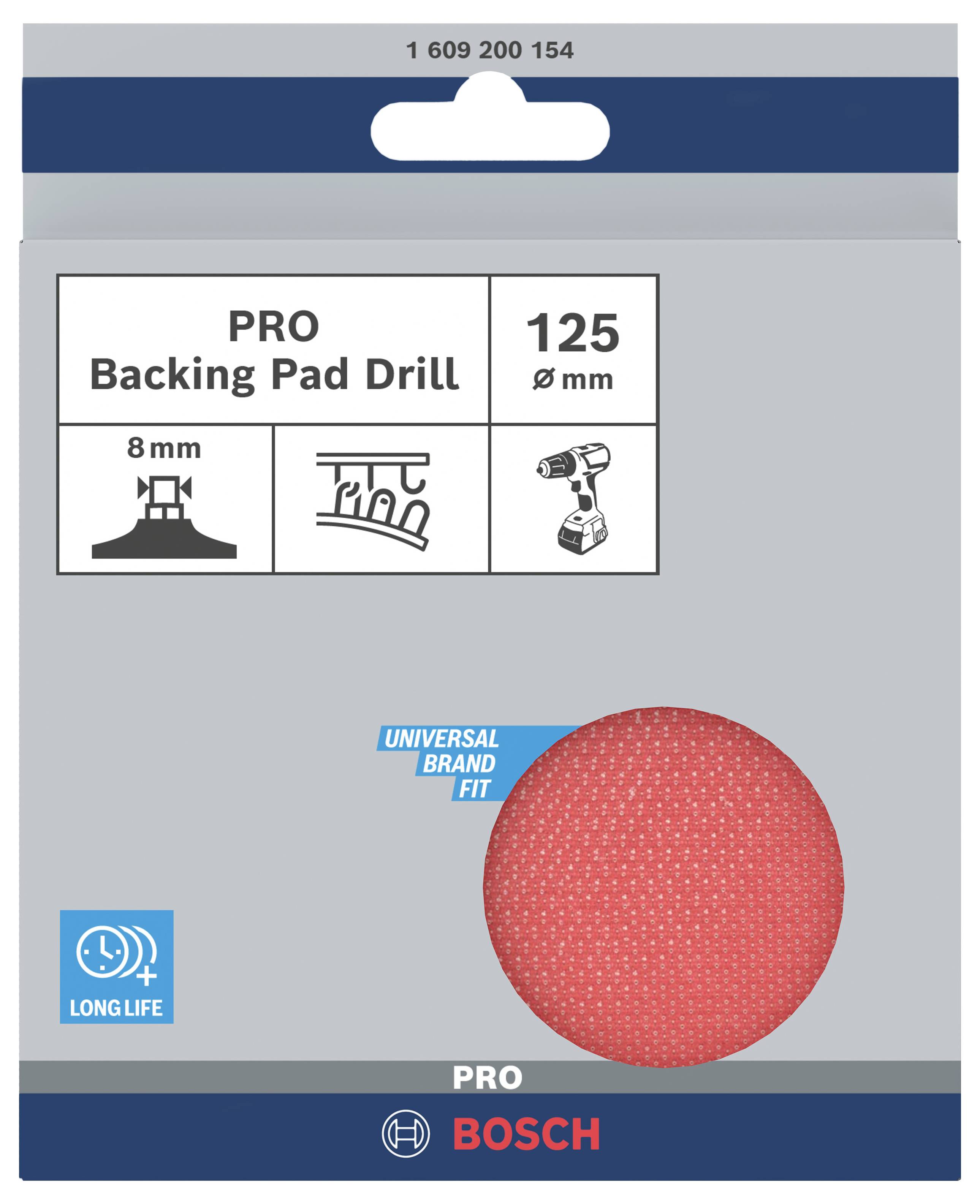 'Bosch Pro Talerz Nośny do Wiertarki', 125 mm, odpowiedni dla marek uniwersalnych, trwały, uchwyt 8 mm, opakowanie przedstawia czerwony talerz szlifierski.