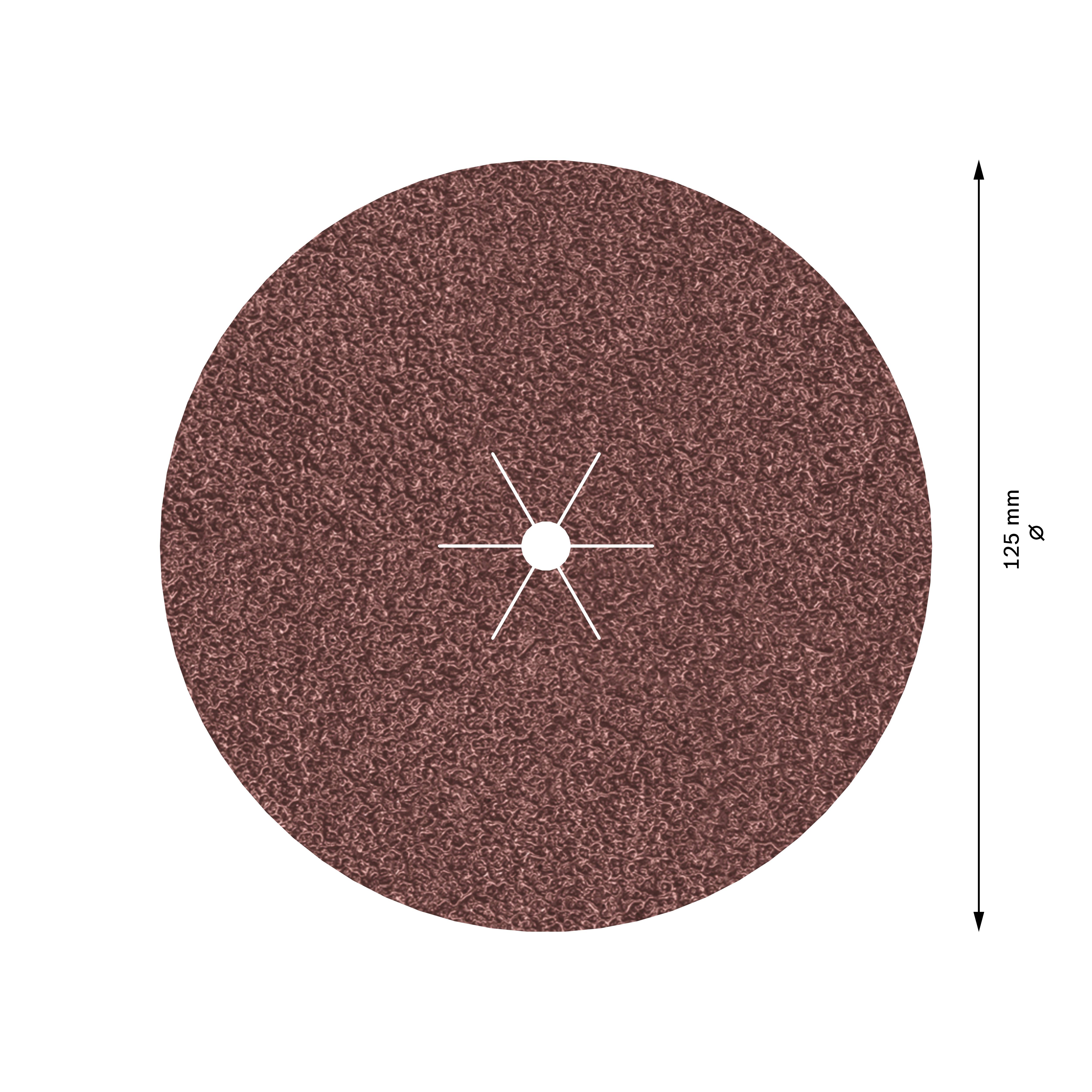 Okrągła tarcza ścierna o średnicy 125 mm. Jest brązowa i ma gwiaździste otwór pośrodku.