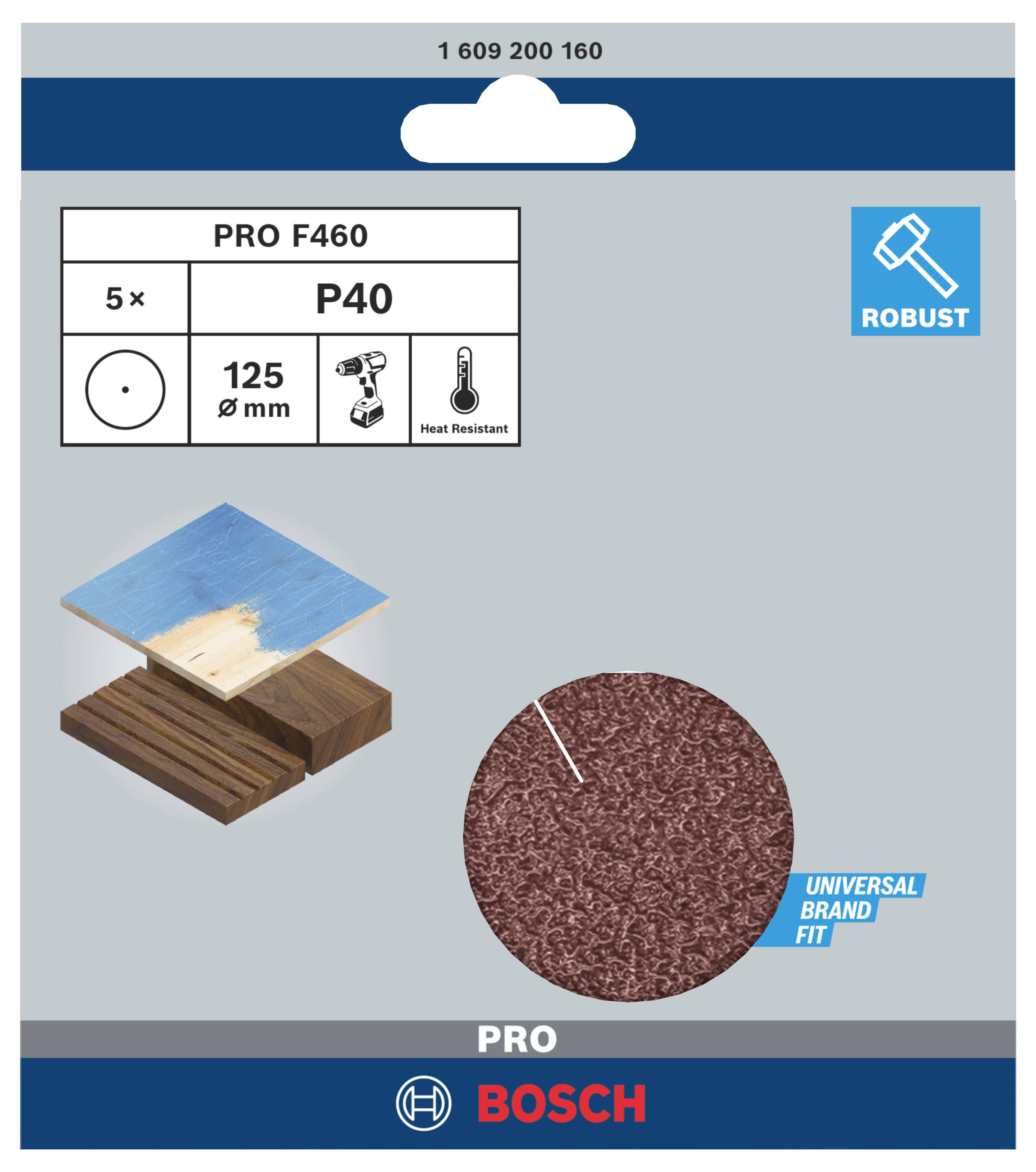 Opakowanie na tarcze szlifierskie marki Bosch 'PRO F460', ziarnistość P40, 125 mm, 5 sztuk. Odpowiednie do obróbki drewna i odporne na wysoką temperaturę.