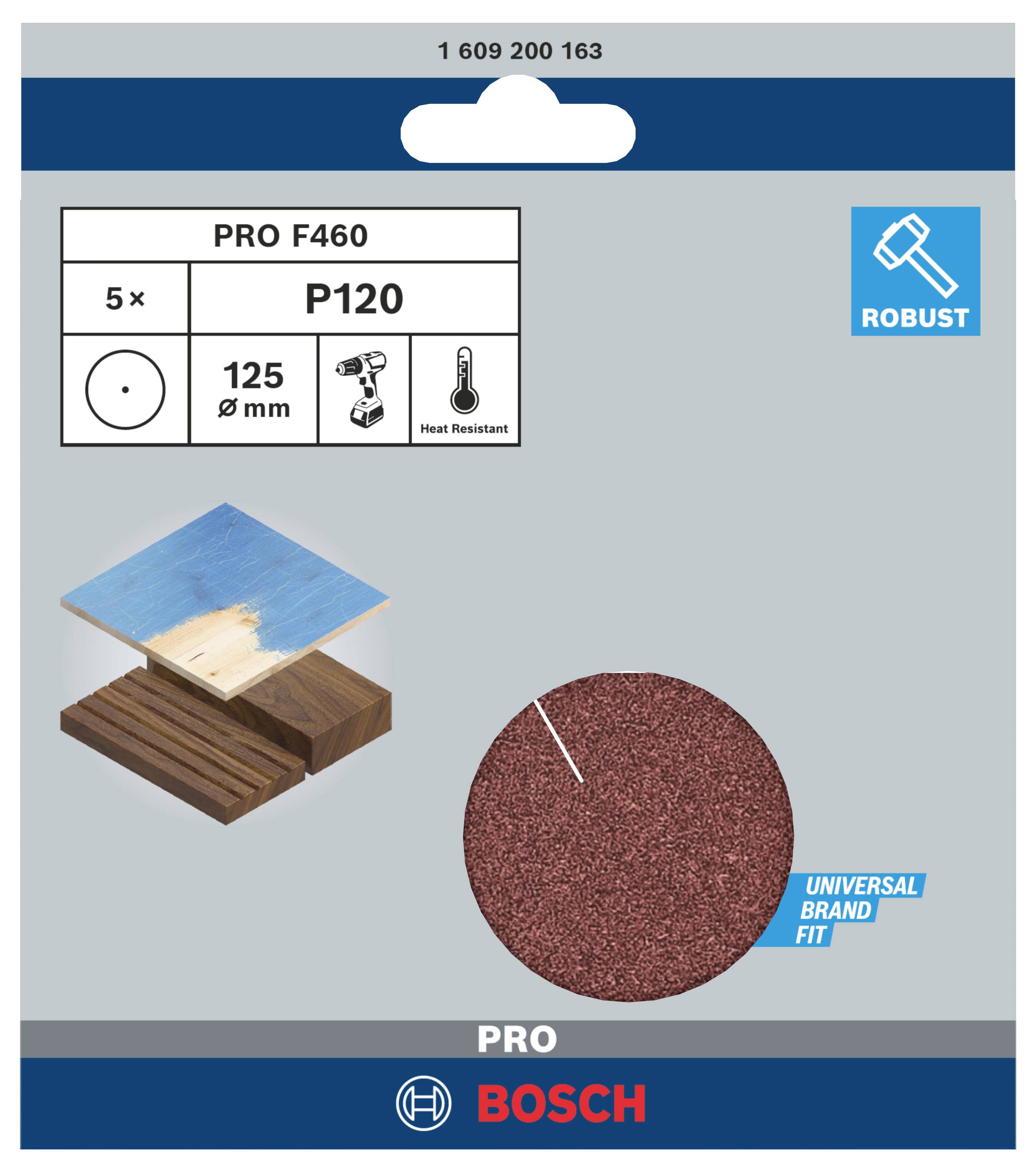 Opakowanie papieru ściernego Bosch, P120, odpowiedni do drewna, średnica 125 mm, wytrzymały, żaroodporny, 5 sztuk.