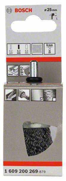 Szczotka druciana Bosch, o średnicy 25 mm, odpowiednia do metalu, do czyszczenia i usuwania rdzy. Ilustracja przedstawia przednią stronę opakowania.