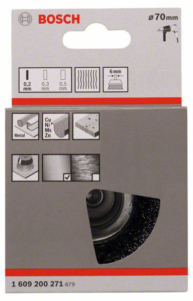 Opakowanie szczotki drucianej Bosch do wiertarek, Ø70mm. Odpowiednia do obróbki metalu, uchwyt 6mm. Ikony przedstawiają kompatybilność materiałową.