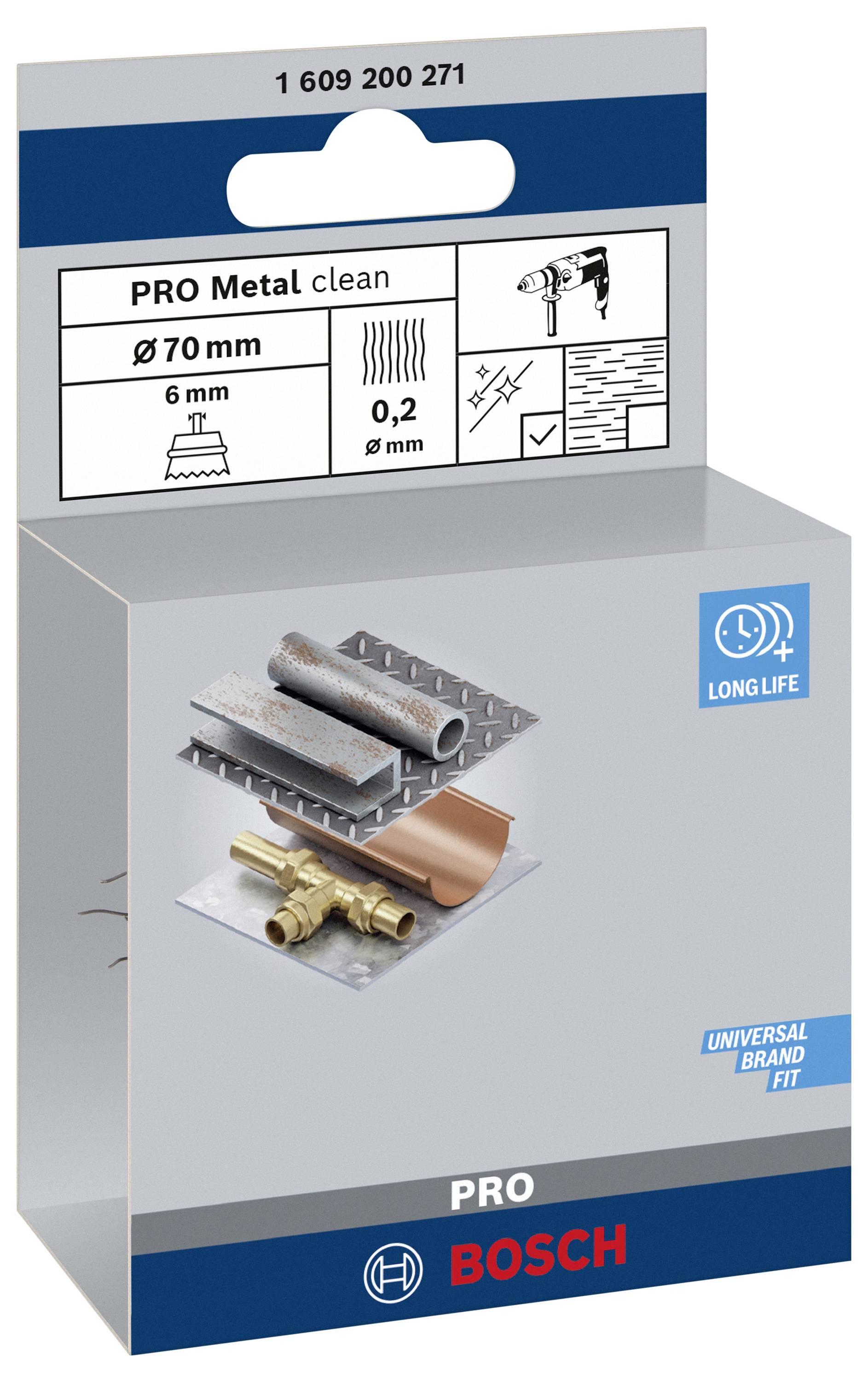 Opakowanie do wiertła do metalu Bosch PRO, Ø 6mm, długość 70mm, przeznaczone do wiercenia w metalu. Zawiera ilustracje i wskazówki dotyczące zastosowania.
