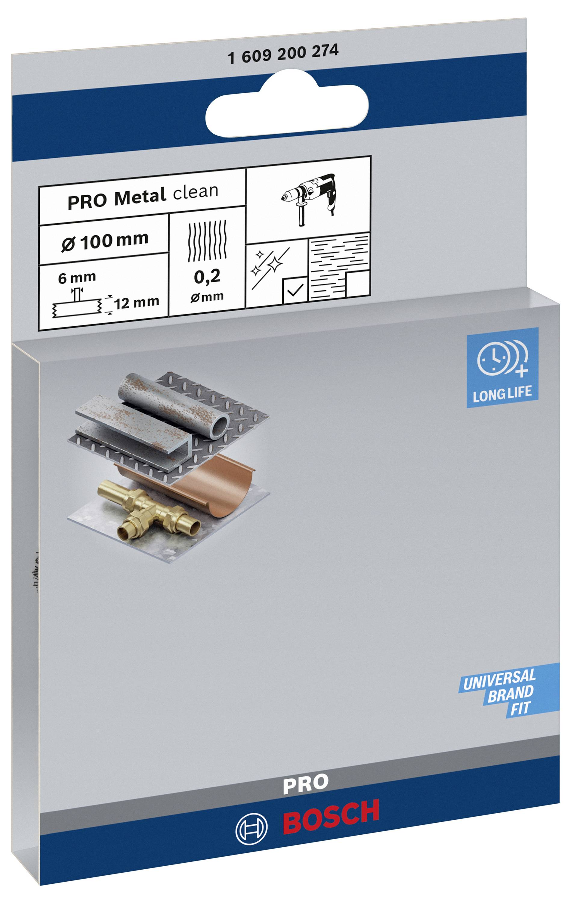 Opakowanie brzeszczota 'Bosch PRO Metal clean': średnica 100 mm, głębokość cięcia 0,2 mm. Do metalu, z ilustracją rury miedzianej.